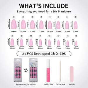 Vente en gros très demandée : 32 faux <span class=keywords><strong>ongles</strong></span> courts en amande, faits à la main, en gel, couleur unie, paillettes fines Aurora, amovibles, couvrant entièrement l'ongle - Product Image 2