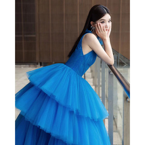 Halter Neck Blue Tulle Ball Gown Wedding Dress Natural Waistline Mesh Fashion Element For Women - Product Image 5