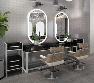 MÁS DISEÑO Gran longitud completa Gold Styling Peluquería Muebles Peluquería Maquillaje Salón de belleza Led Espejo Estación con mesa - Product Image 2