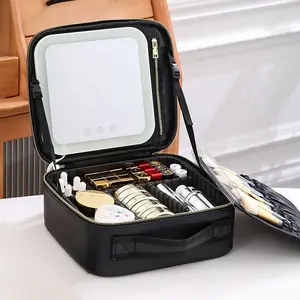 Professional portable large capacity waterproof PU leather makeup bag cases with LED mirror