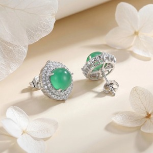Boucles d'oreilles clous en argent sterling 925 avec calcédoine verte, cabochon rond, bijoux vintage pour femme, cadeau - Product Image 4