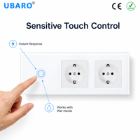 Interrupteur tactile UBARO 1 2 3 Gang avec 2 prises murales standard EU, panneau en verre trempé blanc, prise électrique intelligente pour la maison