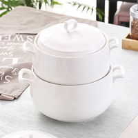 Casserole en céramique blanche de grande taille 3L avec deux poignées et couvercle pour servir des soupes et des aliments