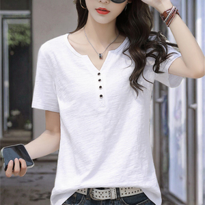 Camisetas Casuales de Algodón para Mujer, Talla Grande, Cuello en V, Manga Corta, con Decoración de Botones, Impresión Digital - Product Image 2