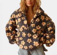 Vente en gros de sweat-shirts à capuche pour femmes, de haute qualité, avec fermeture éclair 1/4, motif floral d'hiver, en polaire sherpa chaude