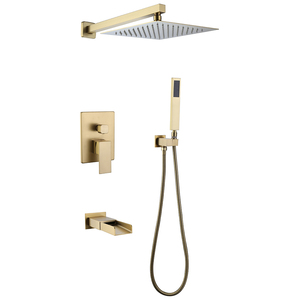 Mitigeur <span class=keywords><strong>de</strong></span> <span class=keywords><strong>douche</strong></span> thermostatique mural en laiton doré à 3 voies avec <span class=keywords><strong>barre</strong></span> coulissante et <span class=keywords><strong>douche</strong></span> pluie intégrée - Product Image 1