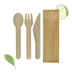 Baru ramah lingkungan plastik gratis Set alat makan 100% Biodegradable kertas sekali pakai pisau Kraft kertas garpu dan sendok peralatan makan