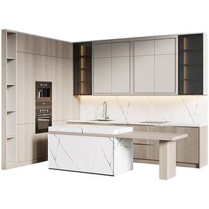 Gabinete de Cocina de Madera Maciza Profesional de Venta Caliente en China, Hermoso Gabinete de Cocina con Chapa de Madera de Roble <span class=keywords><strong>y</strong></span> Piedra Artificial Blanca - Product Image 5