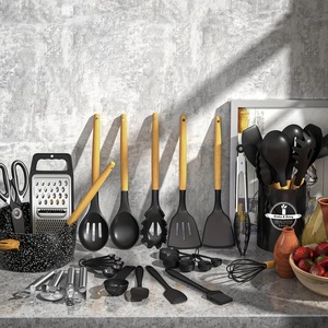 Juego de utensilios de cocina antiadherentes resistentes a altas temperaturas de 44 piezas con mango de madera negro, espátula de silicona, cuchara y utensilios para alimentos - Product Image 2