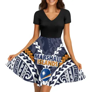 Оригинальное Повседневное платье Marshall Island с принтом логотипа v-образным вырезом, ТРАПЕЦИЕВИДНОЕ ПЛАТЬЕ С Коротким Рукавом, полинезианская текстура, Индивидуальные женские платья