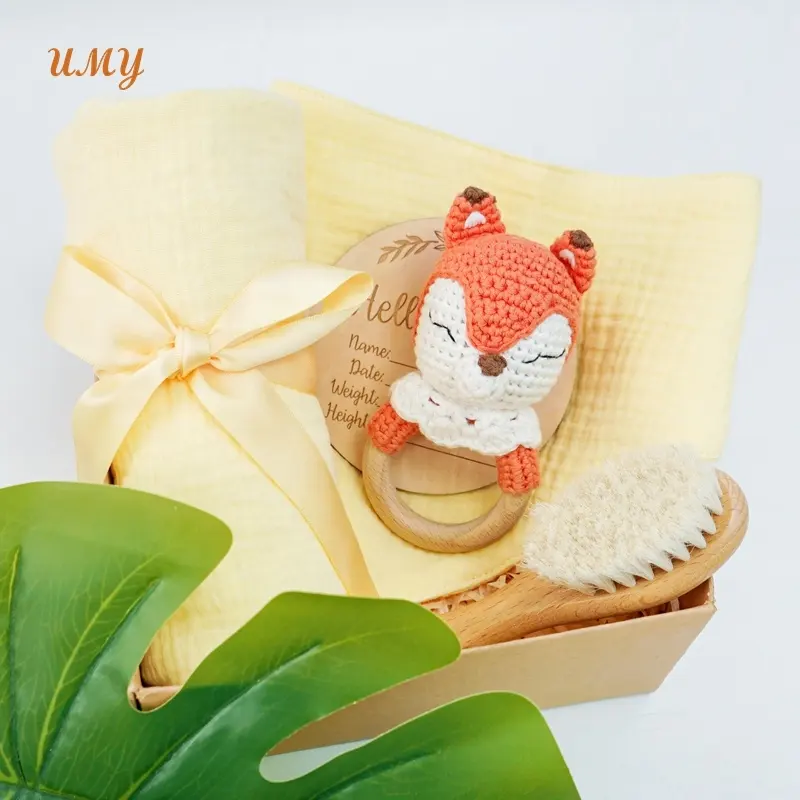 100% katun rajutan Fox Crochet mainan hewan Rattle Teether rantai bulanan kartu tonggak bulanan Solid tempat tidur bayi Shower Set hadiah