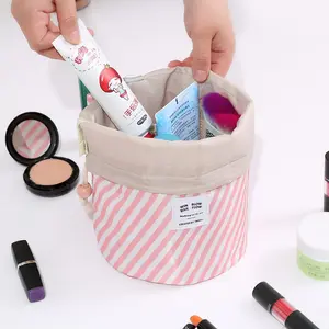 Custom logo portable foldable oxford ladies women drawstring barrel cosmetic make up travel makeup bag