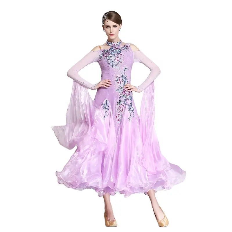 B-1572 yüksek kaliteli rhinestone mor balo salonu dans yarışması elbiseler kadın vals dans elbise standart elbise satılık