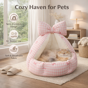 Cama <span class=keywords><strong>para</strong></span> <span class=keywords><strong>Gatos</strong></span> con Diseño de Lazo, Tienda de Campaña <span class=keywords><strong>para</strong></span> Mascotas, Casa de Peluche Suave y Cálida, Nido Cerrado <span class=keywords><strong>para</strong></span> Cachorros, Gatitos y Animales Pequeños - Product Image 1