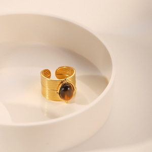 French Retro Style Natural Stone Wide Opening <b>Ring</b> For Women 18k Gold Plated <b>Titanium</b> Steel Niche Jewelry - Product Image 4