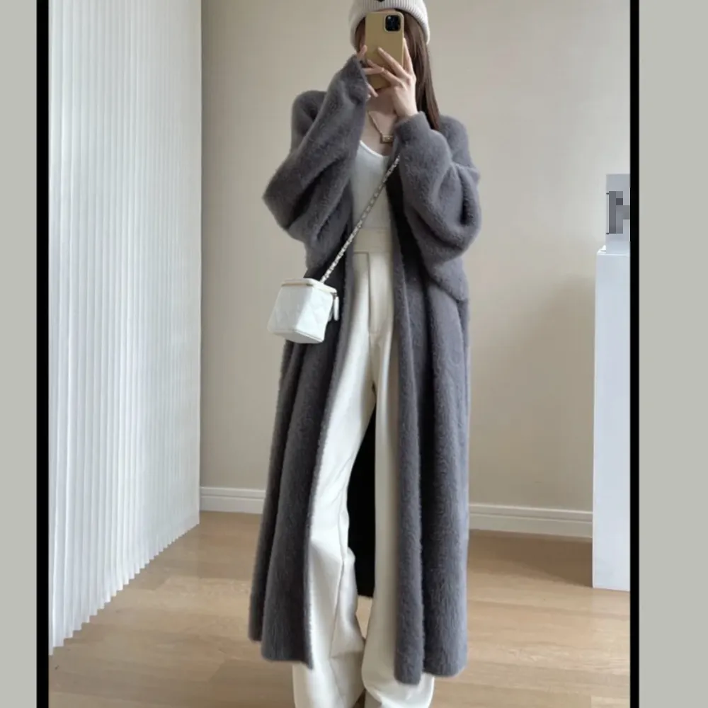 Lazy Wind Long Section Knee-Length Female Loose Autumn And Winter Retro Chic Knitted Cardigan Sweater Coat