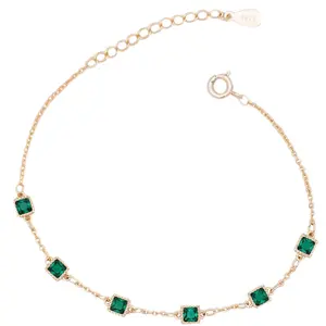 Старинные ювелирные изделия pulsera плата позолоченный зеленый камень Изумрудный браслет 925 стерлингового серебра браслет-цепочка