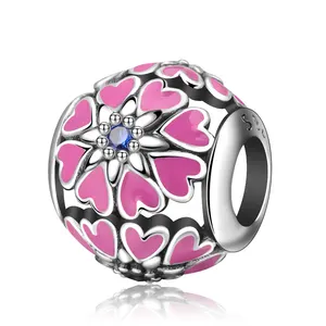 925 sterling silver del braccialetto delle donne di colore rosa Dello Smalto del cuore europeo del branello di fascino