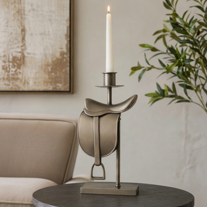 Stylish Metal Candle Holder Inspired By An Equestrian Saddle And Stirrup With A Classic <b>Silver</b> Finish For Elegant Table Decor - Product Image 2
