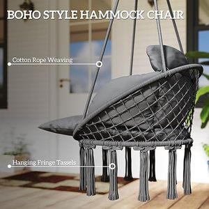 Fauteuil suspendu en hamac, chaise suspendue d'extérieur avec grand <span class=keywords><strong>coussin</strong></span>, balançoire en macramé en corde de coton avec chaîne, <span class=keywords><strong>pour</strong></span> intérieur et extérieur - Product Image 4