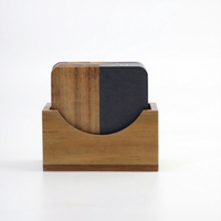 Ensemble de 4 sous-verres en marbre et bois d'acacia avec support en bois, sous-verres noirs écologiques pour la cuisine