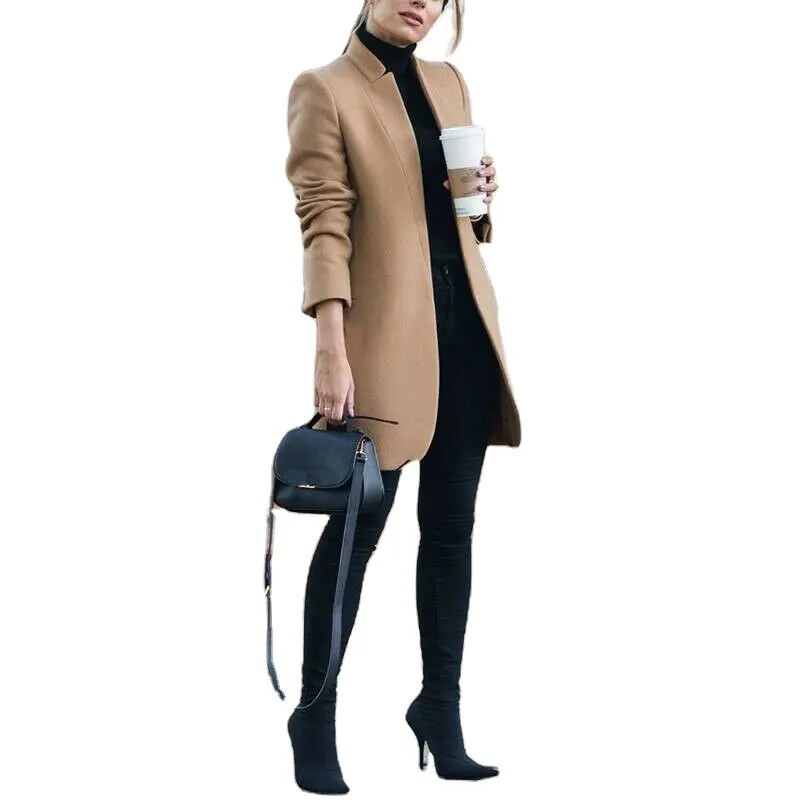 New lady European and American temperament autumn and winter coat women's solid color stand collar long woolen coat