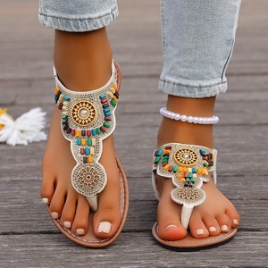 Women Bohemian Beaded Flat <b>Sandals</b> <b>Elastic</b> Ankle Strap Clip Toe Summer Beach Casual Footwear - Product Image 5
