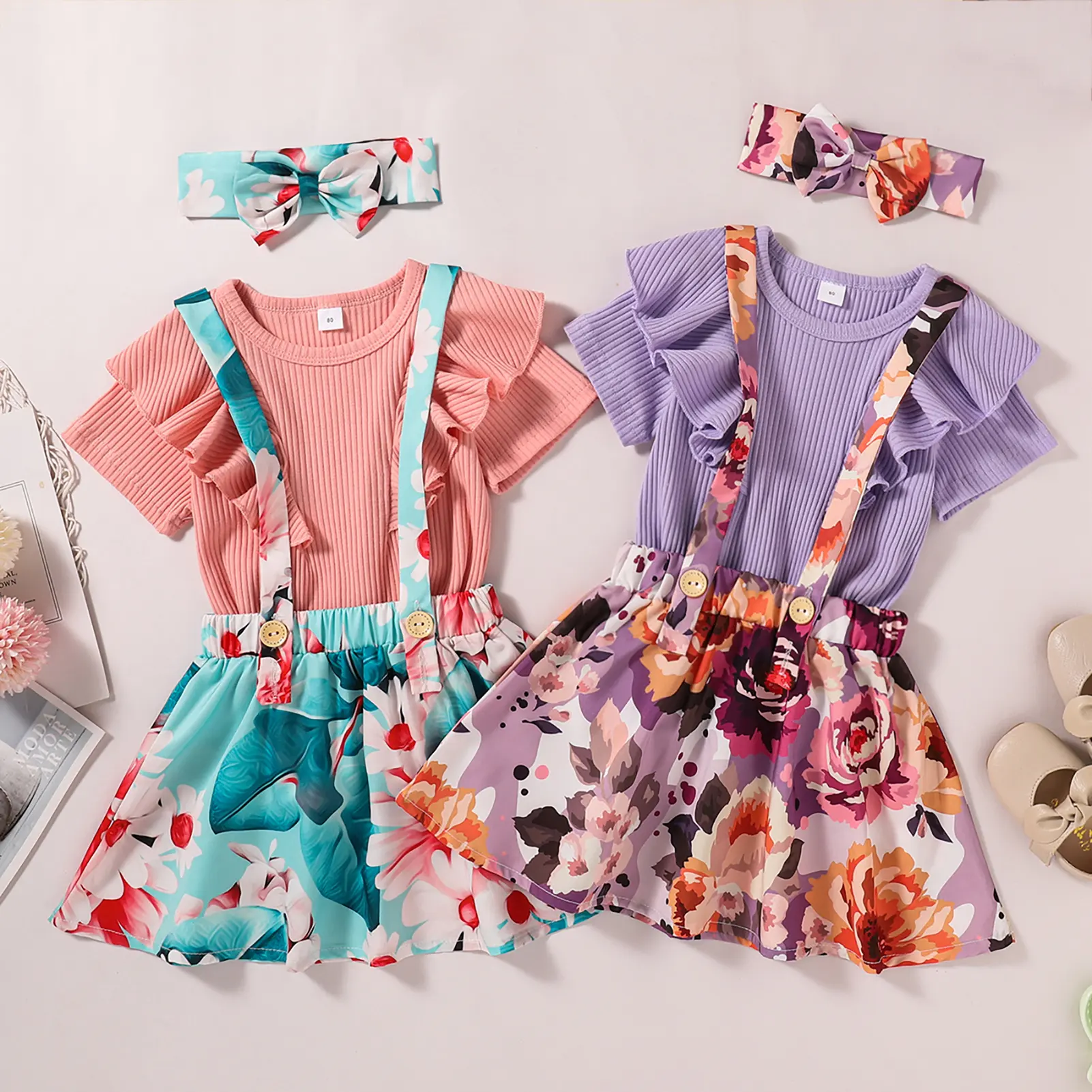 Kids Shirts Girl Wholesale Hot Fashion Summer Kids Girls Clothes Sets Ruffles Fly Sleeve Solid T Shirts+floral Suspender Skirt Headband