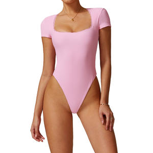 Disko Sport Combinaison de yoga à manches courtes pour femme, col rond, couleur unie, coupe ajustée, sous-vêtement de sport DLT8828 - Product Image 3