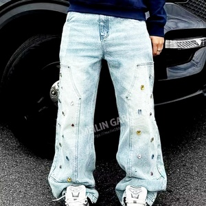 Jeans baggy en denim style streetwear décontracté, broderie personnalisée, jeans en denim avec strass pour hommes - Product Image 1