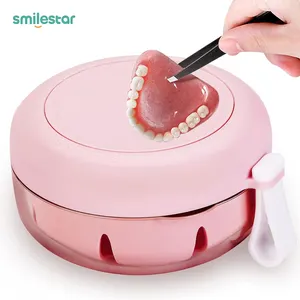 Smilestar Leak Proof Pink Denture Case Container Cleaning Dentures/Aligner Brace/Mouth Guard With Mirror