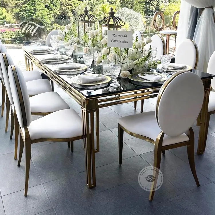 Conjunto de mesas de jantar luxuosas e luxuosas para ambientes internos, em aço inoxidável dourado, com 8 pés e 10 lugares