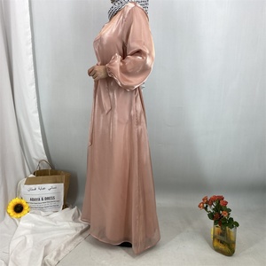 Último Modelo 2025, Abaya Ligera Cerrada, Vestido Maxi de Satén Brillante para Verano, Forrado, con Mangas Abullonadas y Bolsillos 6855 # - Product Image 5