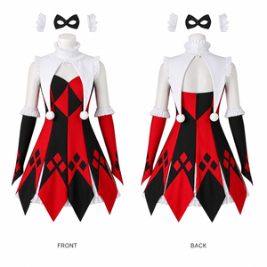 Costume de cosplay style Harlequin pour femme, robe <span class=keywords><strong>à</strong></span> imprimé diamant 5 pièces avec gants <span class=keywords><strong>à</strong></span> volants et ensemble d'élastiques pour cheveux - Product Image 3