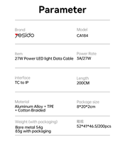 Yeisdo kabel Data lampu LED, kabel Data daya, kabel kepang 48 untai, Tipe C ke IP, pengisian cepat 2M 27W CA184