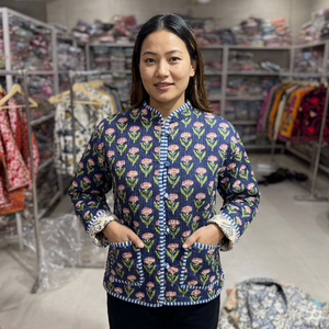 Floral <b>Quilted</b> Cotton <b>Jacket</b> With Mandarin Collar Single Button Closure Full Sleeve Autumn Women's Outerwear GIFT FOR HER - Product Image 1