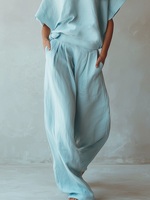 Ensemble Lounge Couleur Unie pour Femme, Vente en Gros Usine, Haut Col Bateau et Pantalon Large, Tenue Assortie Deux Pièces avec Poches Latérales
