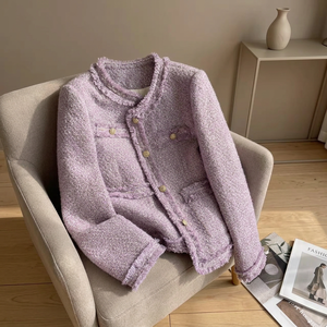 Vintage Purple Tweed Women's O-Neck Single-Breasted Cropped Jacket Korean Style Elegant Autumn Winter - Product Image 2
