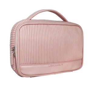 Custom Large Capacity Striped Pattern PU Leather Travel <b>Makeup</b> Bag Portable Cosmetic <b>Storage</b> Pouch with Zipper <b>for</b> Women - Product Image 3