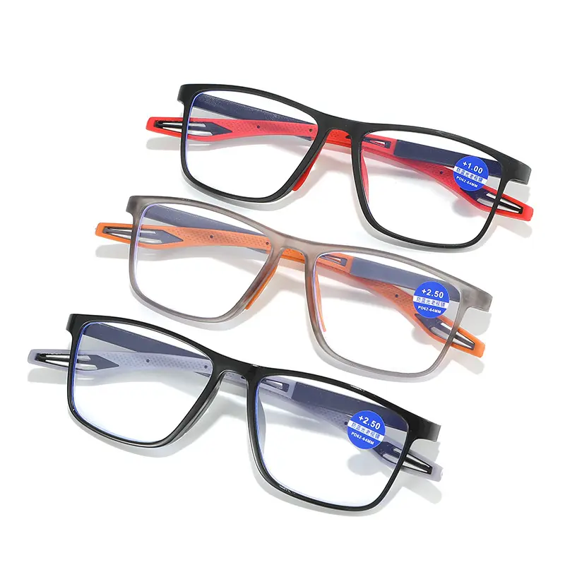 Kacamata baca pria, kualitas tinggi Matt abu-abu persegi PC bingkai bening plastik kacamata baca pemblokiran cahaya biru