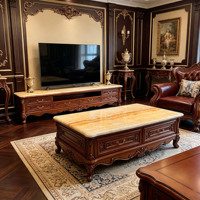 Ensemble meuble TV et table basse en bois massif européen, sculpté à la main, avec plateau en onyx naturel, meubles de rangement pour salon, vente en gros