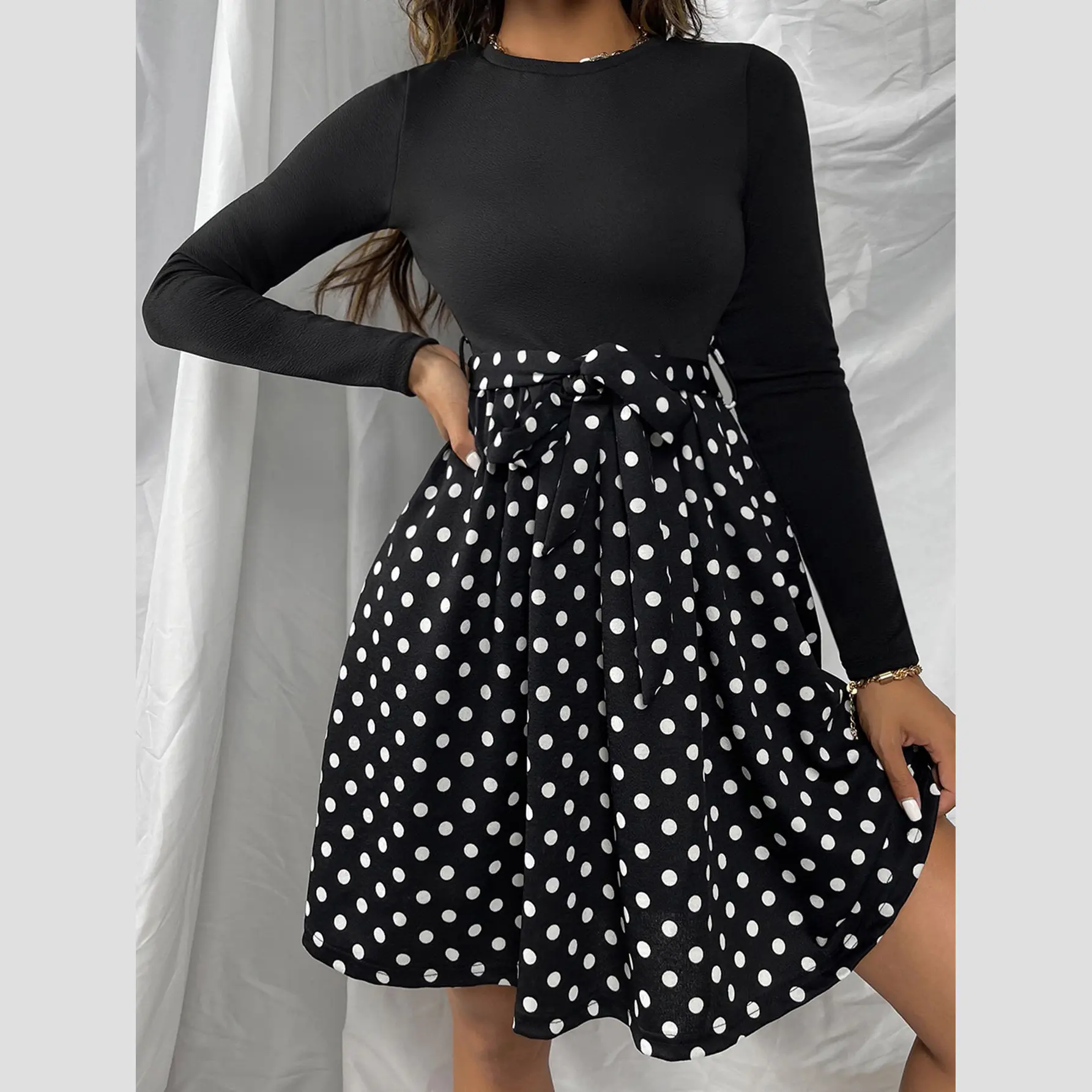 Autumn Winter Long Sleeves A-Line Black Polka Dot Printed Vintage Dress Women Belted Fit And Flare Business Dress For Ladies