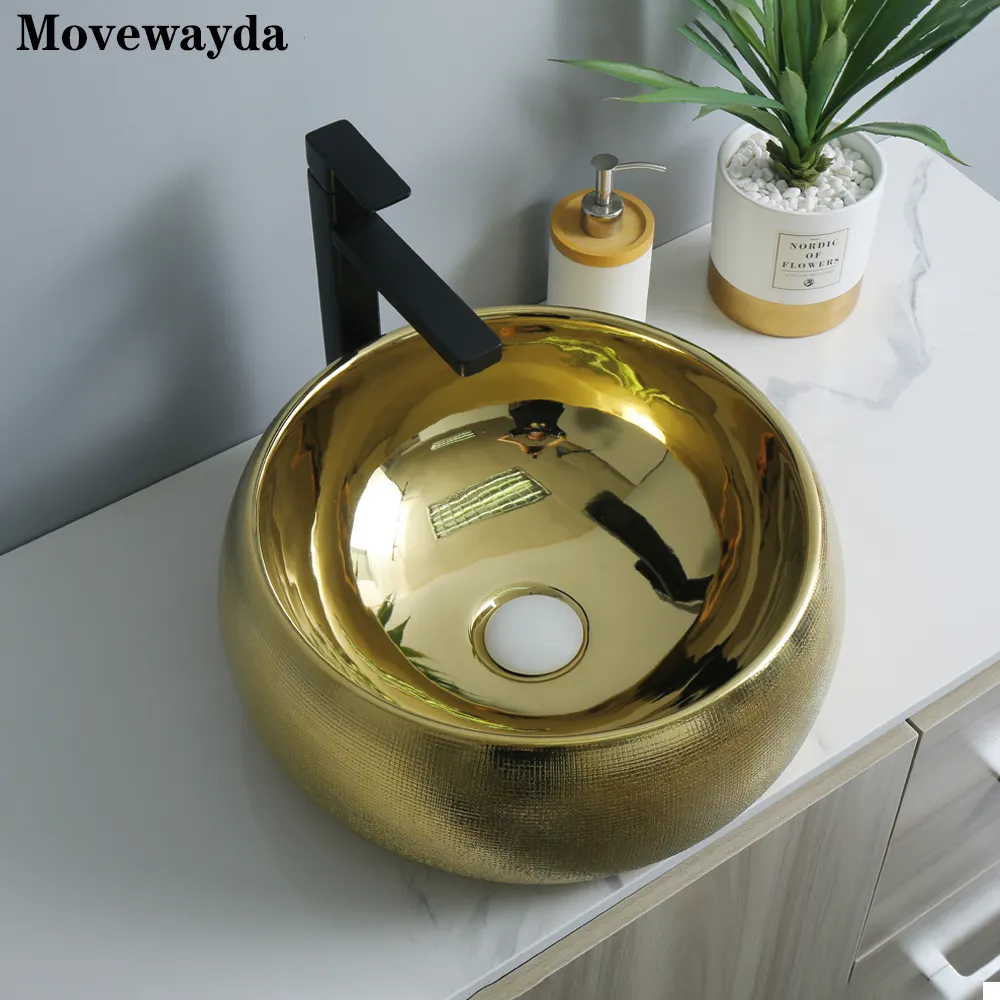 Luxury style drawing process sanitary ware ceramic sink bathroom golden color counter top unique wash basin