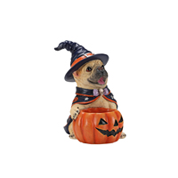 Figurine de chiot bouledogue français sorcière, chien tenant un bol de bonbons en forme de citrouille, décoration d'Halloween, jouets, cadeaux, costume d'Halloween