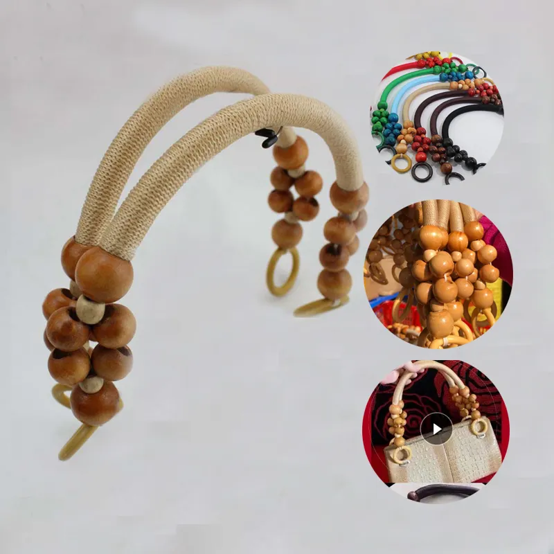 High Quality Fashion Wholesale Diy Ready To Ship Purse Natural Wood Beads Weave Rope Handles Purse For Handbags Accessories