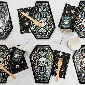Skeleton Coffin Halloween <b>Plates</b> 10-Inch Disposable Cute Coffin Paper <b>Plates</b> for Black Halloween Party Vintage Skeleton Design - Product Image 1