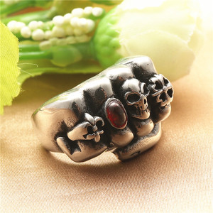 <b>Skull</b> <b>Ring</b> Men's Retro Silver Stainless Steel Punk Style With Red Stone Bezel Setting Gift Jewelry - Product Image 1