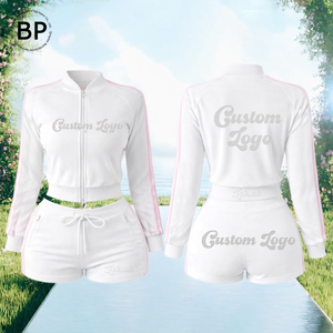 Completo da <span class=keywords><strong>donna</strong></span> in <span class=keywords><strong>velluto</strong></span> a due pezzi con giacca con zip e pantaloncini, design a righe a contrasto, all'ingrosso OEM - Product Image 1