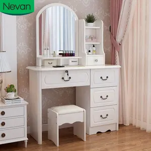 Set furnitur kamar tidur wanita, set furniture modern cermin kayu putih dengan laci
