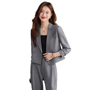 Grey Women's Suit <b>Set</b> Full Sleeve Polyester Spring <b>Office</b> Lady Anti-Wrinkle Professional Formal Wear - Product Image 5